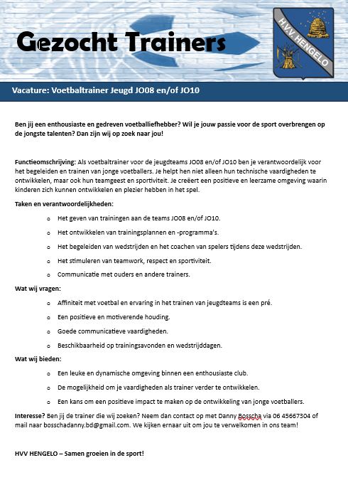 Vacature Trainer JO8 en/of JO10